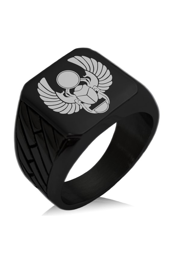 Stainless Steel Scarab Beetle Sacred Sun Geometric Pattern Biker Style Polished Ring