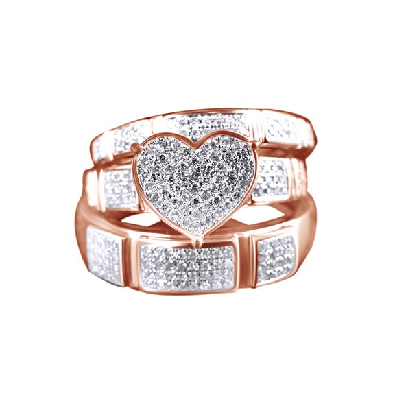 AFFY White Natural Diamond Engagement & Wedding Trio Bridal Ring Set In 10k Rose Gold (0.5 Cttw)