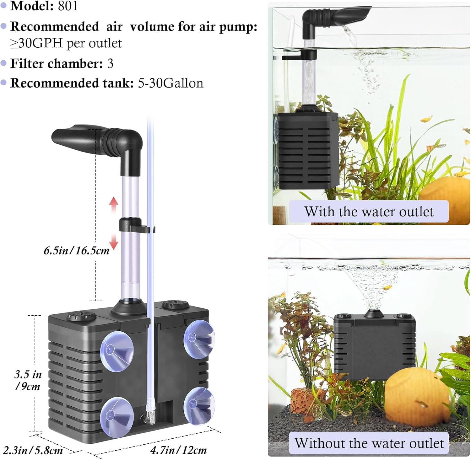 3 in 1 Aquarium Internal Filter, Submersible Power Filter with 130 GPH Water Pump, Built-in Triple Filtration System Featuring Air Stone, Sponge and Ceramic Balls for 5-30 Gallon Fish Tank