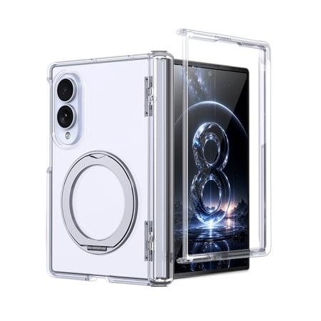 Dteck Magnetic Case for Samsung Galaxy Z Fold 8,Shockproof PC Hinge Protection PC Case Compatible with MagSafe 360° Rotating Ring Holder Stand Cover,Clear