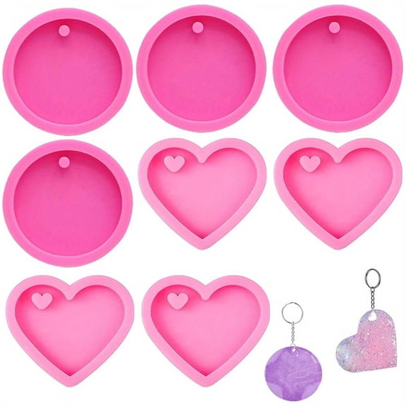 8 PCS Heart Shape Resin Mold, Round Shape Keychain Silicone Molds for Epoxy Resin DIY Keychain Decoration Homemade Dessert Fondant
