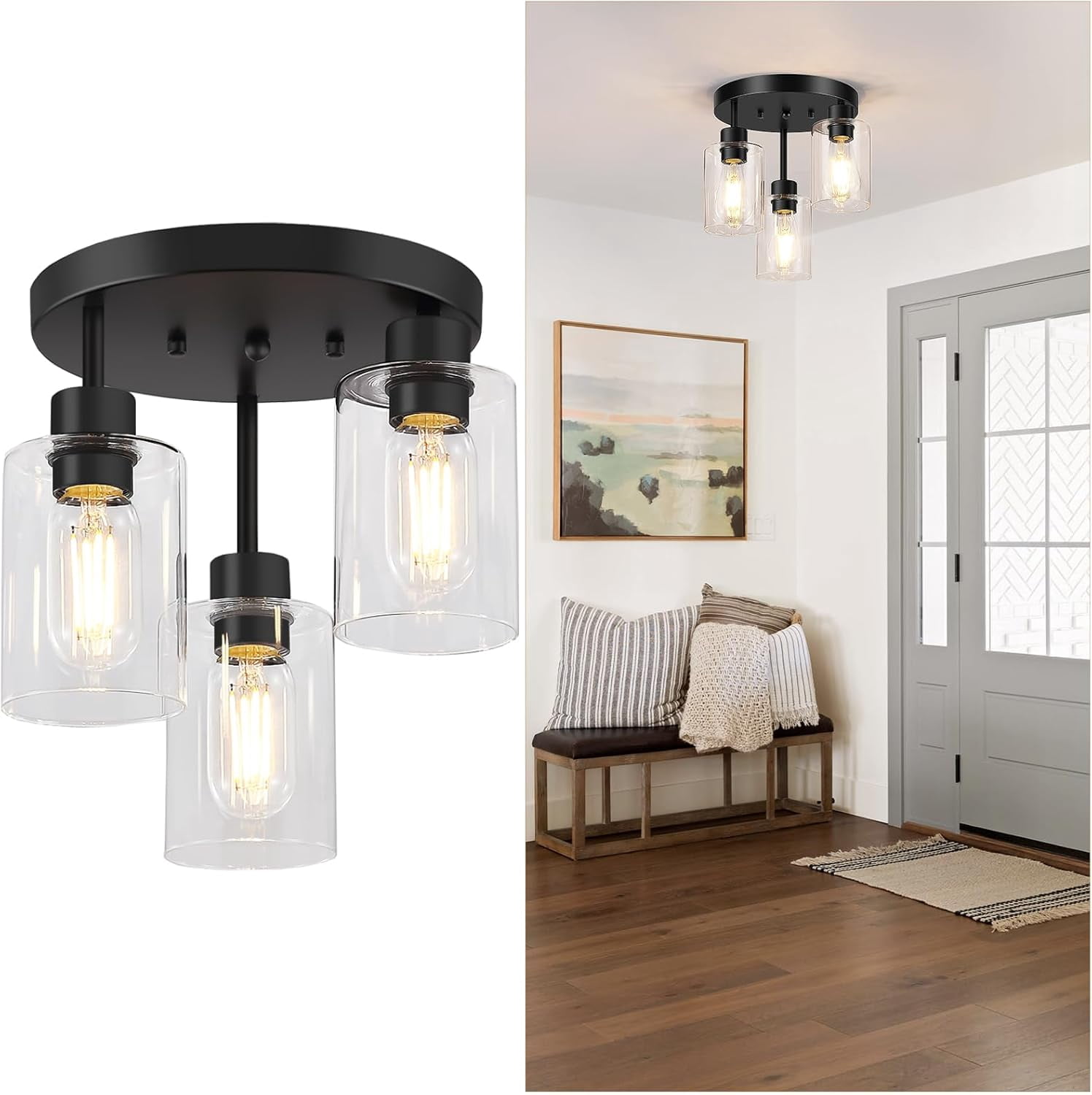 Licperron Farmhouse 3-Light Black Flush Mount Ceiling Light Fixtures with Clear Glass Shades