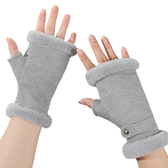 NUZYZ 1 Pair Winter Half Finger Gloves Thick Plush Windproof Warm Elastic Touch Screen Cozy Lining Anti-slip Soft Student Cycling Writing Gloves Grey
