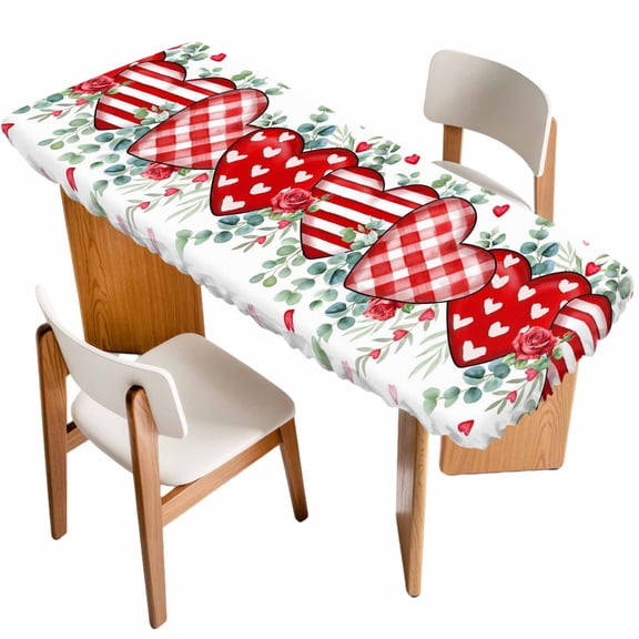 Valentine's Day Table Cloths for 8 Foot Rectangle Tables, Red Love Heart Eucalyptus Watercolor Patio Waterproof Elastic Fitted Tablecloths, Washable Rectangular Table Cover for Camping