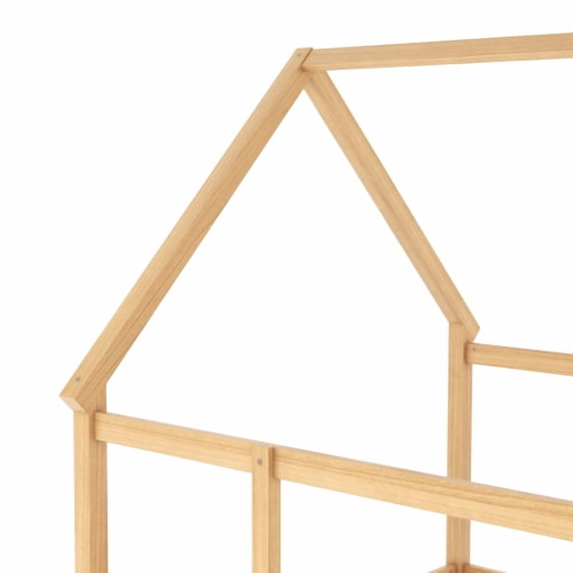 Bellemave Full Size Floor Bed, Wood Full House Bed with High Fence, Safe Playhouse Montessori Floor Bed, Natural