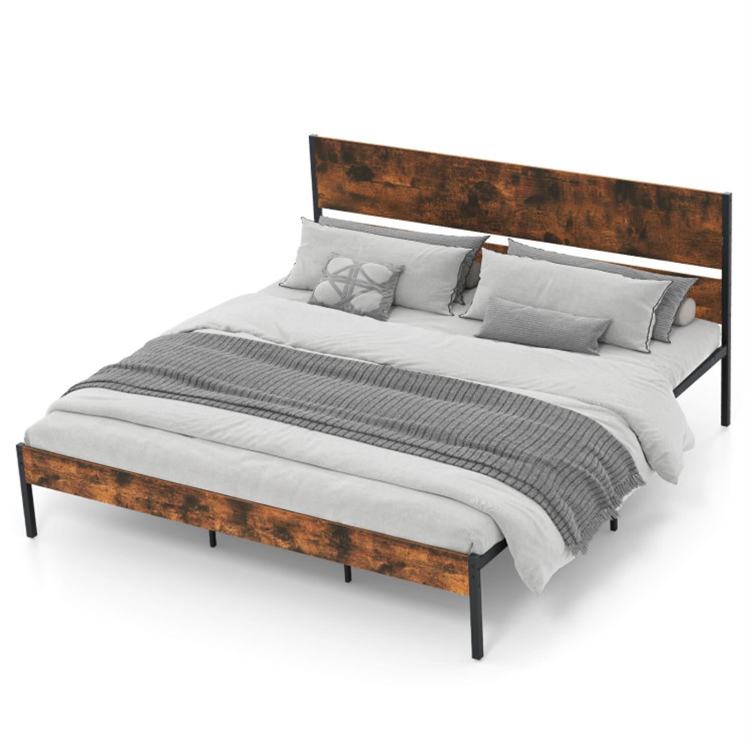 Demi Bonn King Size Bed Frame with Wooden Headboard and Footboard, Modern Metal Platform Bed Frame with Under Bed Storage, No Box Spring Needed, Brown