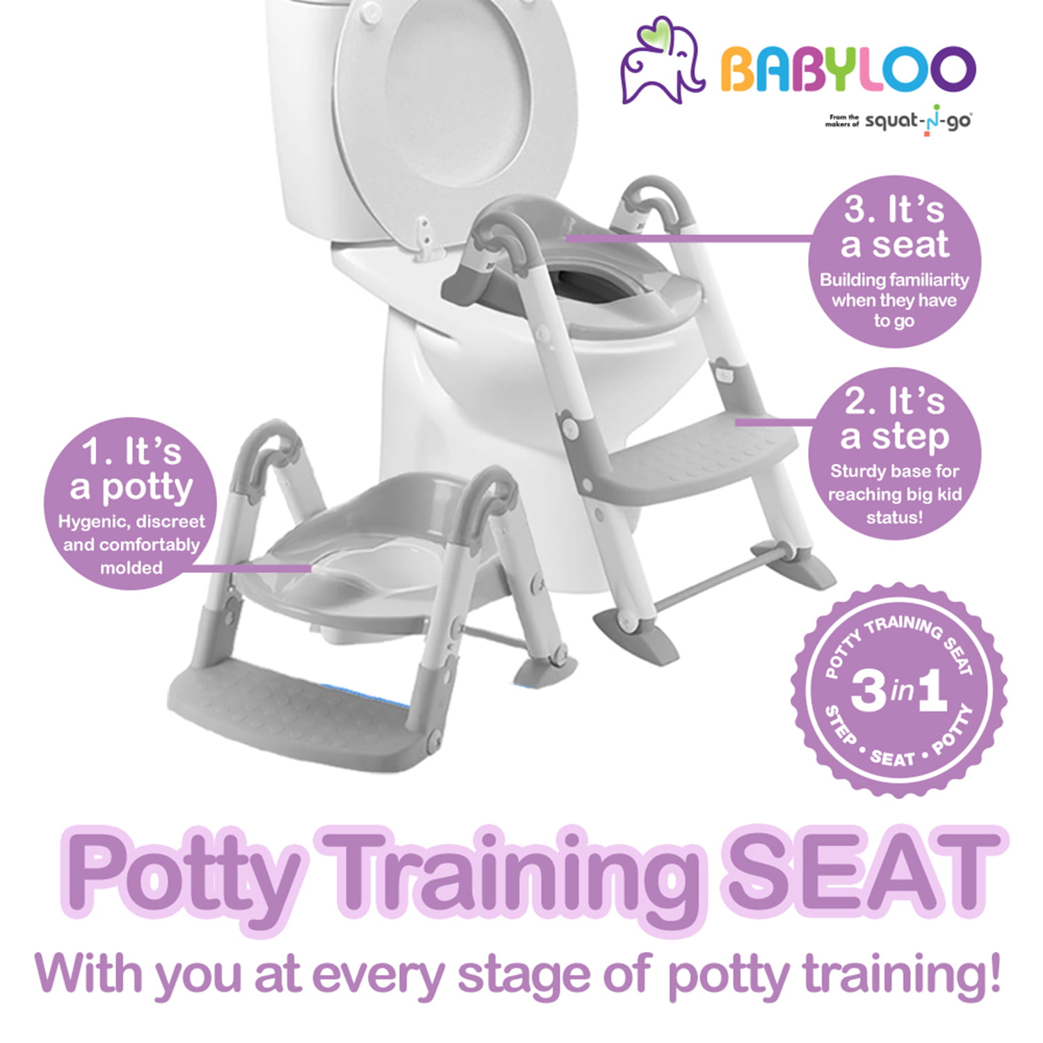Gray Babyloo Bambino Booster 3 in 1 Convertible Potty Trainer for All Stages Ages 1-4 Collapsible Toilet Training Step Stool assists Your Toddler to go While They Grow 