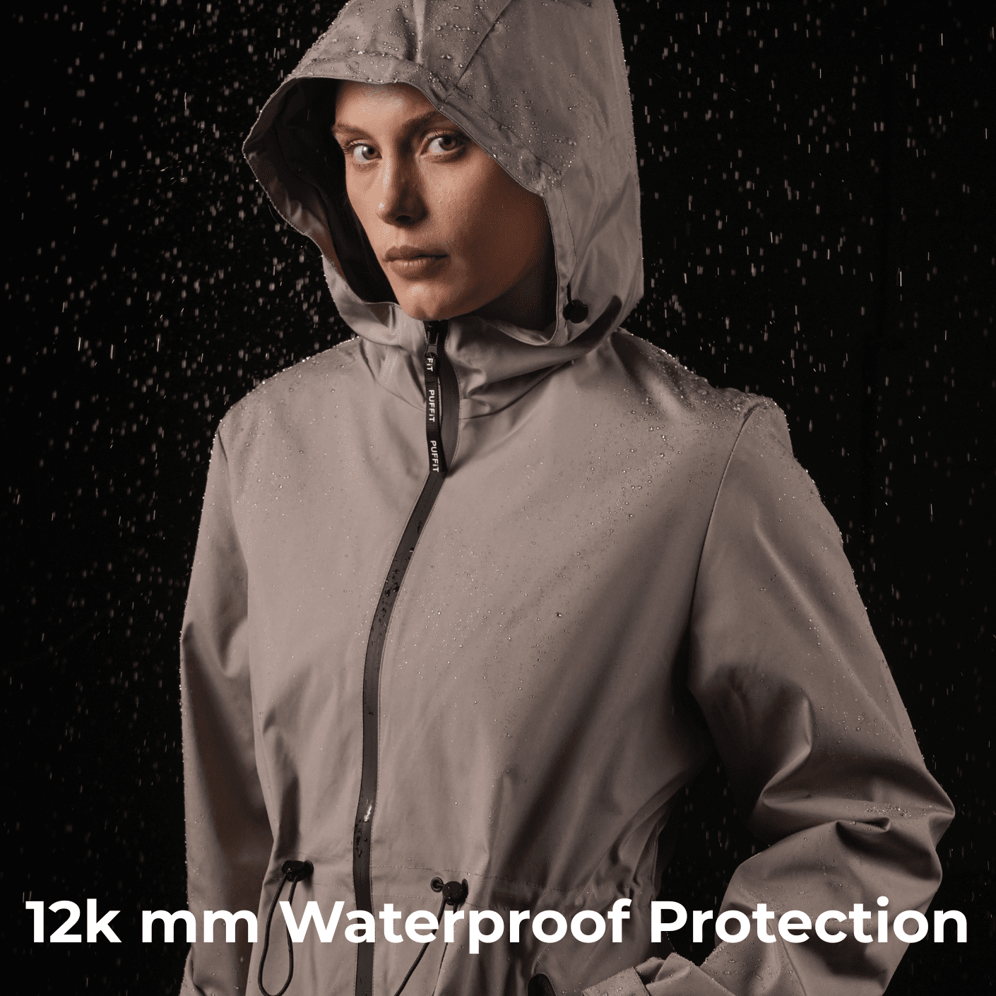 PUFFIT Waterproof Jacket Oversized Hoodie Coat Zip Rain Jacket with Adjustable Waist, Hood & Cuffs, Jacket Outerwear with Large Pocket for Daily Wear