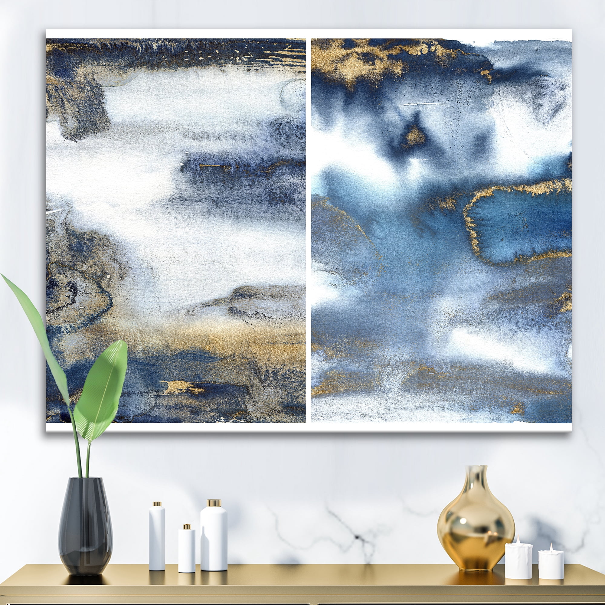 Designart ' Gold and Dark Blue Abstract Waves I ' Modern Canvas Wall Art Print