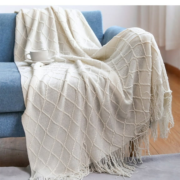 Bohemian Boho Throw Blankets, Knitted with Tassel, Outdoor Reversible Soft Cozy Lightweight Throw Blankets, Couch Bed Sofa Decorative Beige 50*70in