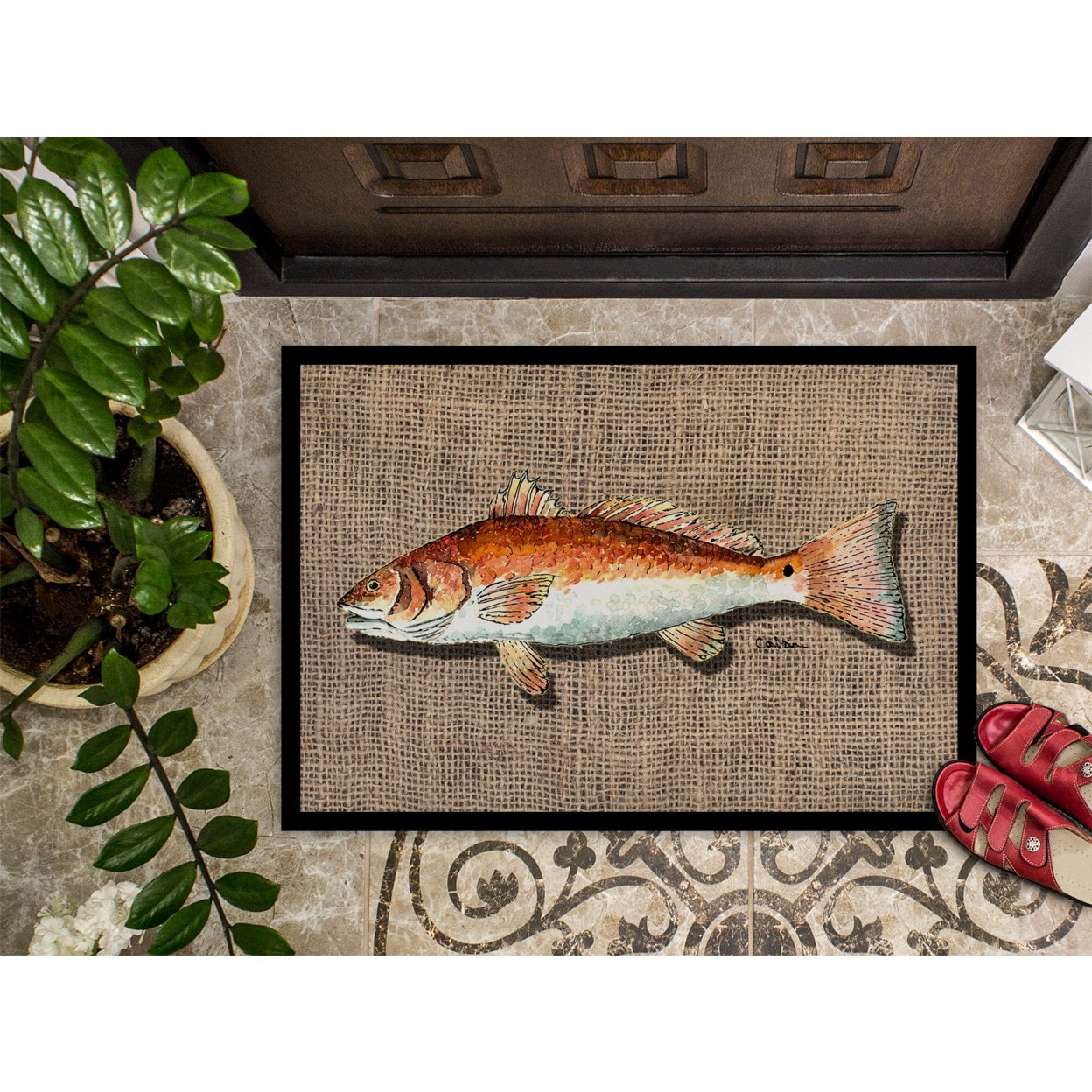 Carolines Treasures 8736JMAT Red Fish Door Mat Indoor Rug or Outdoor Welcome Mat 24x36 Doormat, 24H X 36W, multicolor