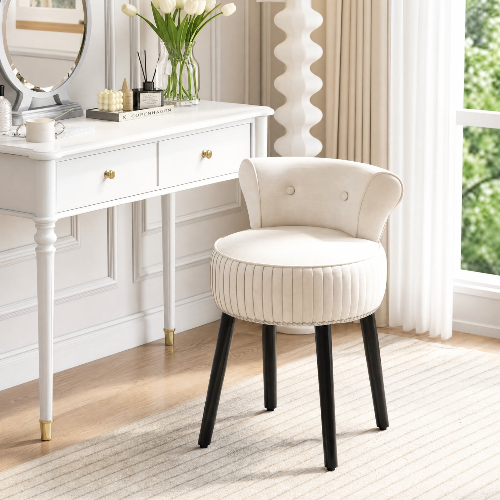 Furnibear Velvet Vanity Chair Upholstered Stool with Tufted Back and Wood Legs