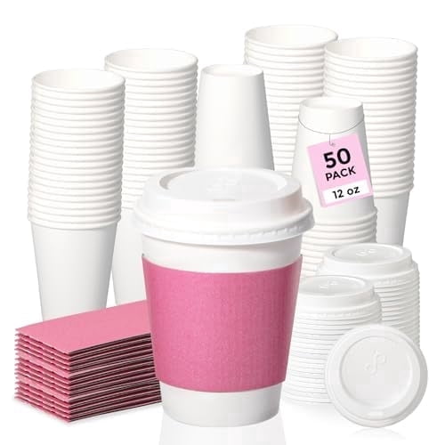 Fit Meal Prep 50 Pack 12 oz Disposable Coffee Cups With Lids and Pink Sleeves, Lead-Proof Sturdy To-Go Cups, Hot Paper Cups for Party, Wedding, Birthday (White Lids)