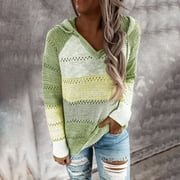 U.Vomade Women's Striped Colorblock Hooded Knit Sweater Long Sleeve Casual Loose Sweatshirt