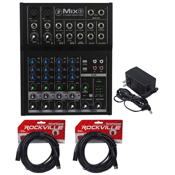 Mackie Mix8 8 Ch. Compact Mixer Constructed w/Durable Metal Chasis 2 XLR Cables