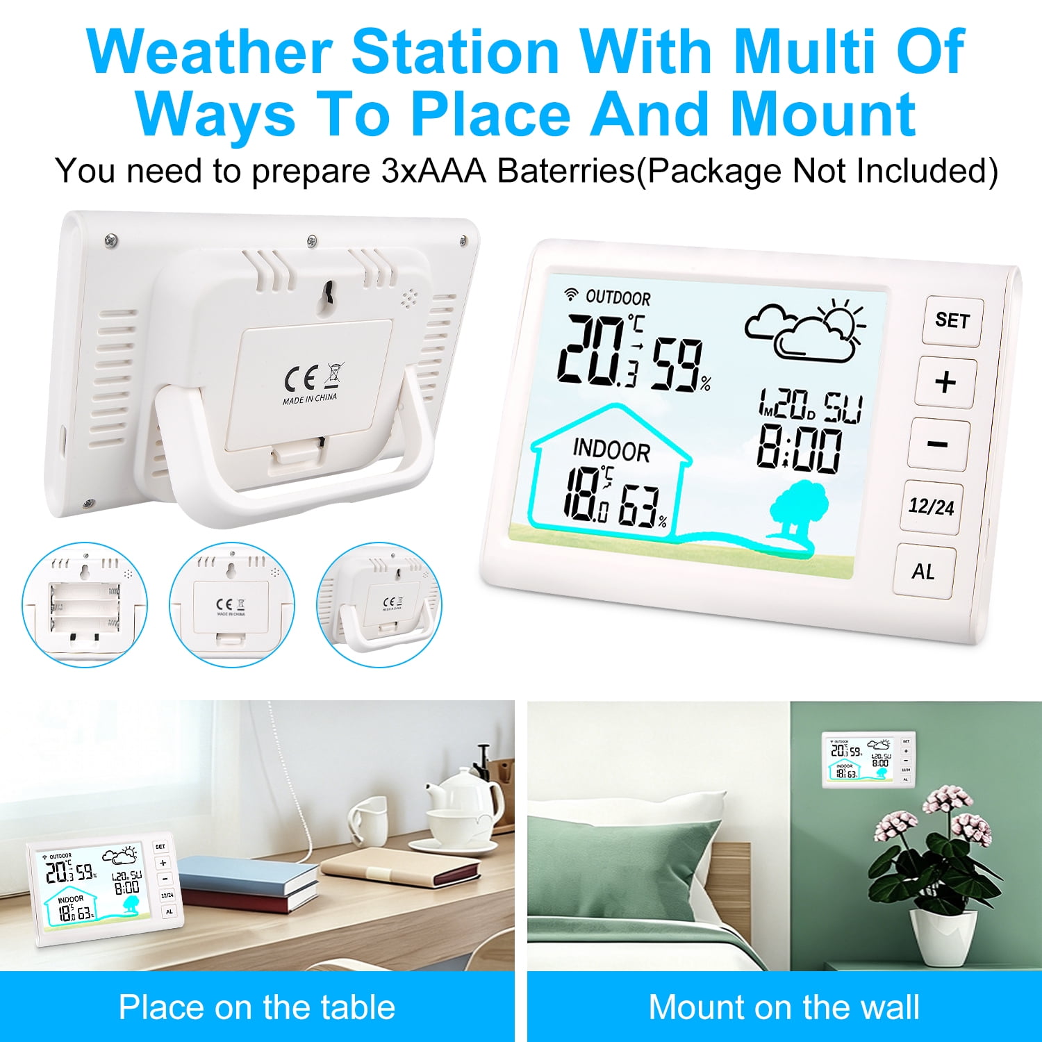 AILKIN Weather Stations for Home with Outdoor Sensor,Wireless Indoor Outdoor Thermometer Humidity Monitor,Backlight,Time/Clock Setting Forecast Weather Stations for Home Large Dispaly,White