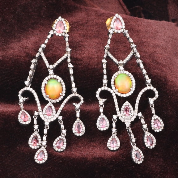 Natural Opal Tourmaline,Diamond Gemstone 925 Sterling Silver Earrings
