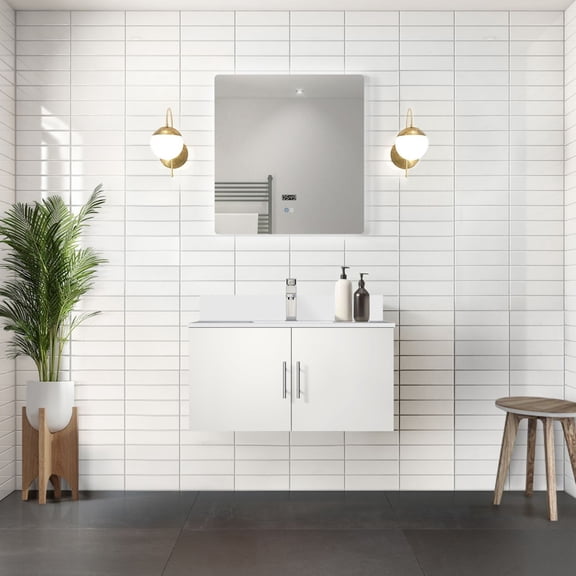 36 In. W X 22 D Bath Vanity In Glossy White With Faucet And Quartz Top - To Marks Stains Spacious Scratch- Exterior