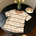 thumbnail image 4 of Kids Striped Short Sleeve T-Shirt Embroidered Letter Crew Neck Tee Classic Horizontal Stripe Summer Casual Basic Top for Boys Girls(Coffee,4-5 Years), 4 of 4