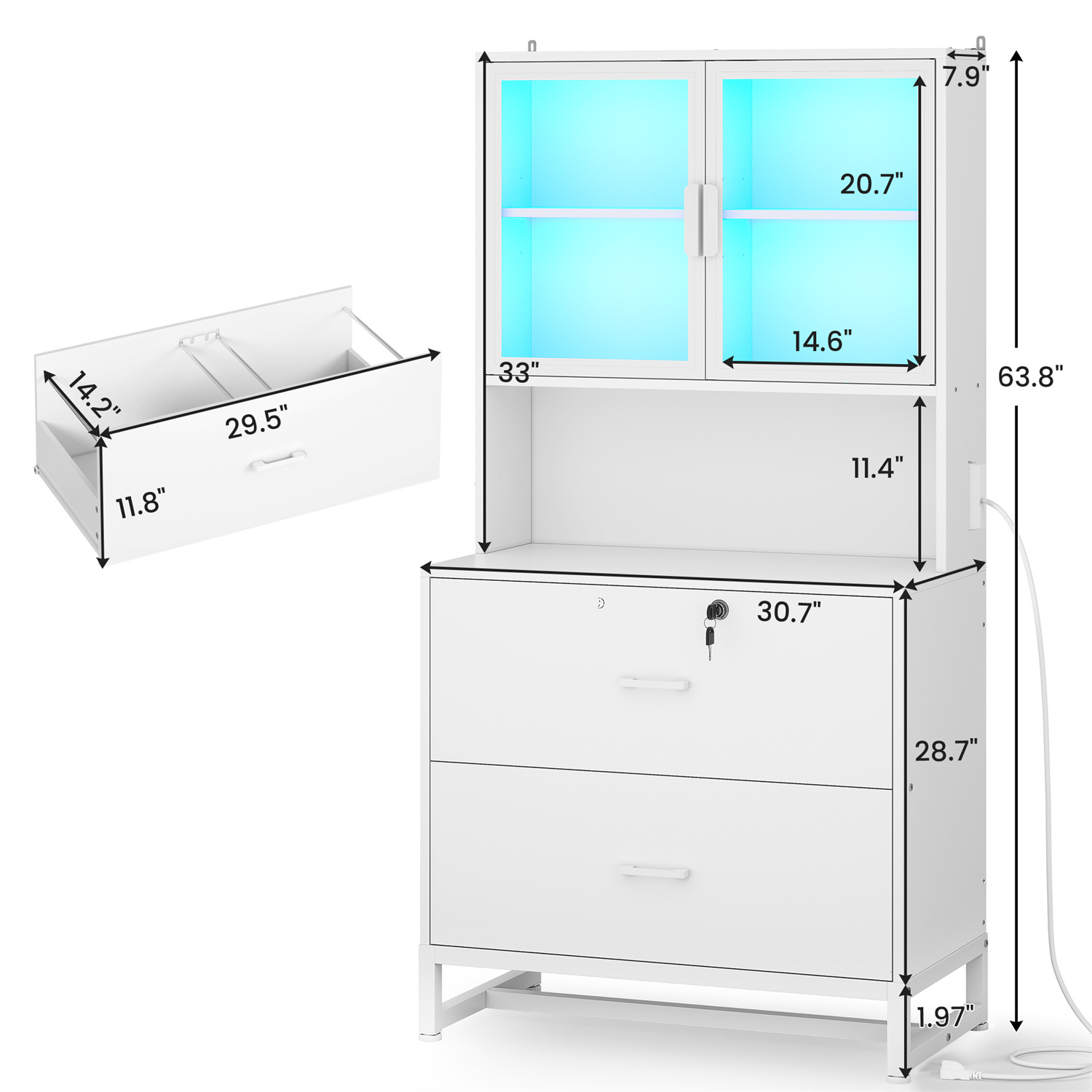 File Cabinet with Power Outlets and LED Lights, Vertical Filing Cabinet with 2 Lockable Drawers, Large Cabinet with Glass Doors for Office, White