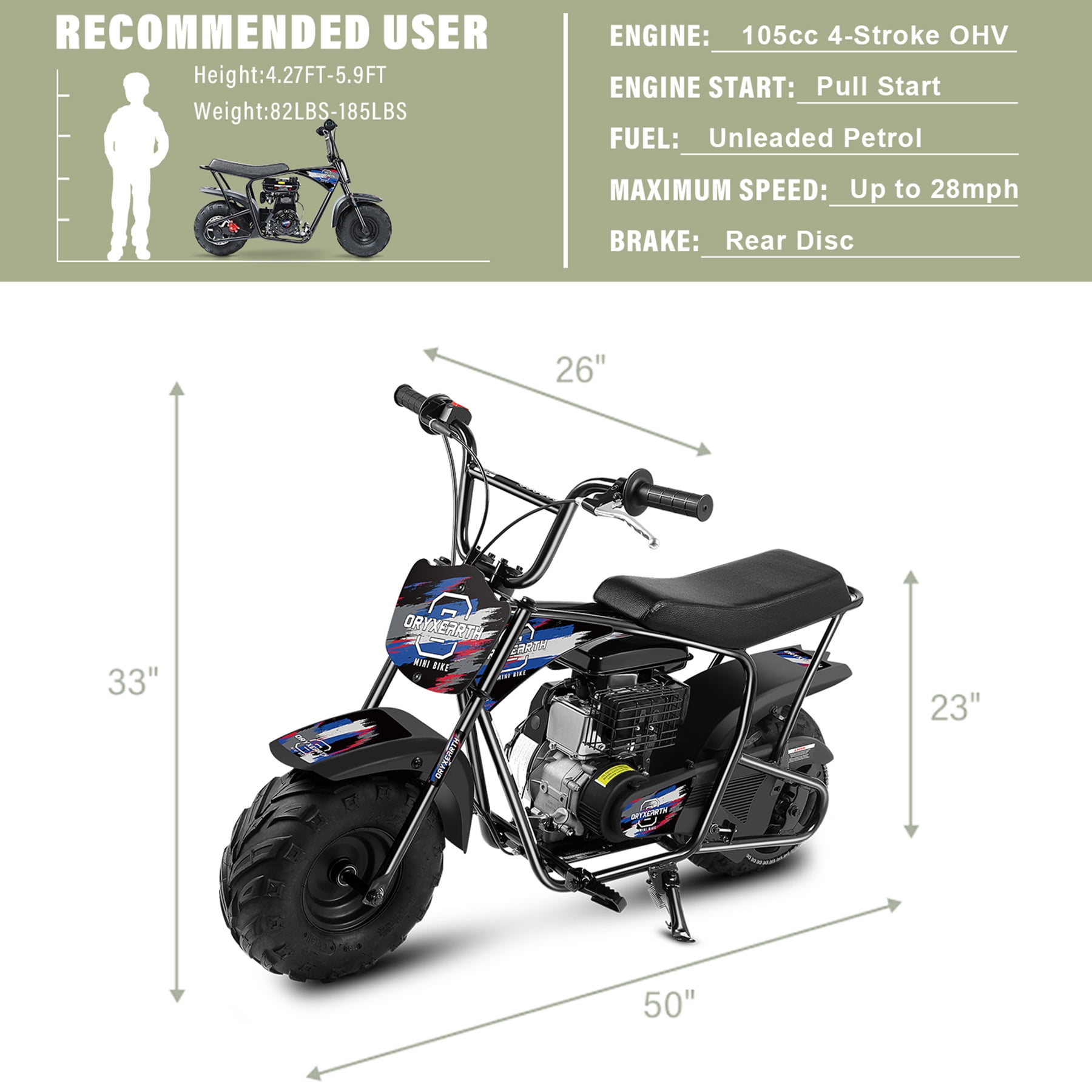 Oryxearth OGMR105 Basic Mini Dirt Bike, 105cc 4-Stroke Gas Powered Off Road Bike for Teens and Adult, 28mph, Up to 165 LBS, Racing Blue