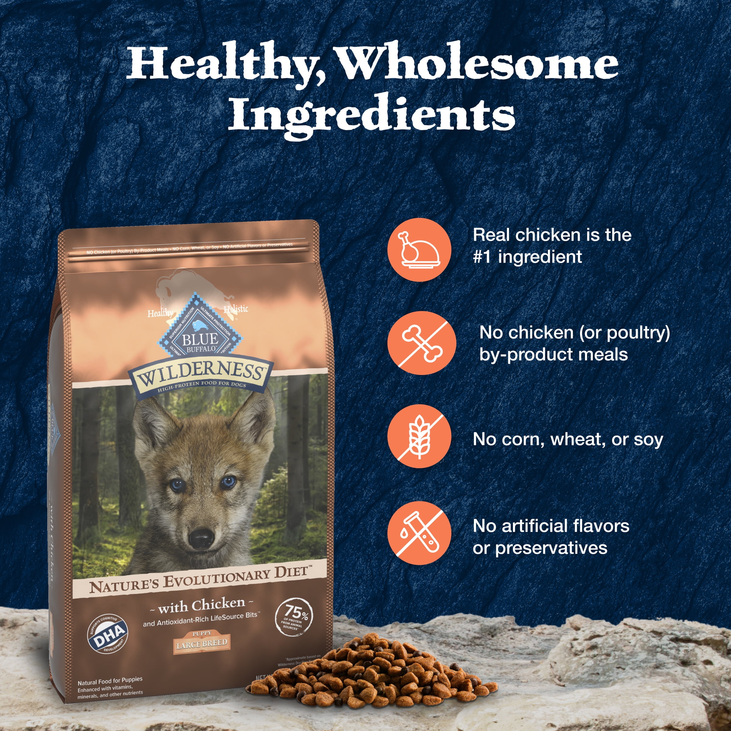 Blue Buffalo Wilderness Natural High-Protein Dry Food for Large Breed Puppies, Chicken, 28-lb bag.