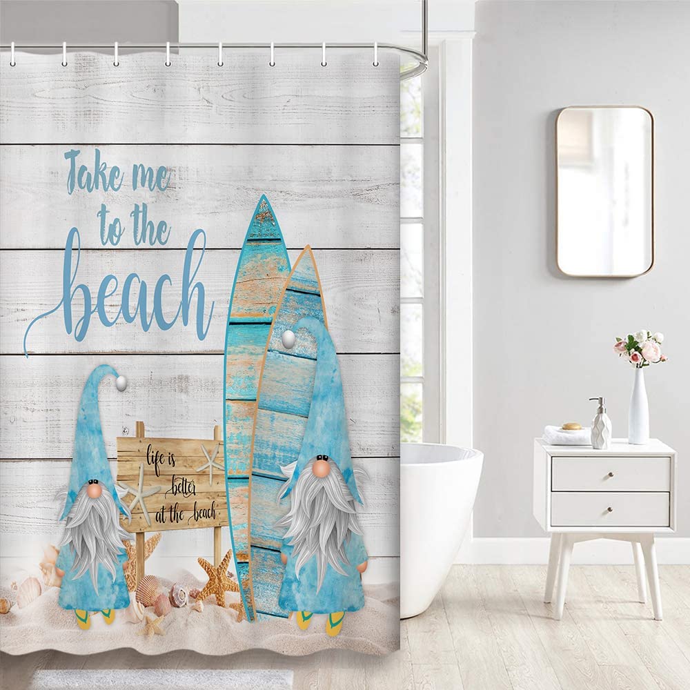 Beach Shower Curtain, Funny Gnomes Take Surfboard on Beach Shower