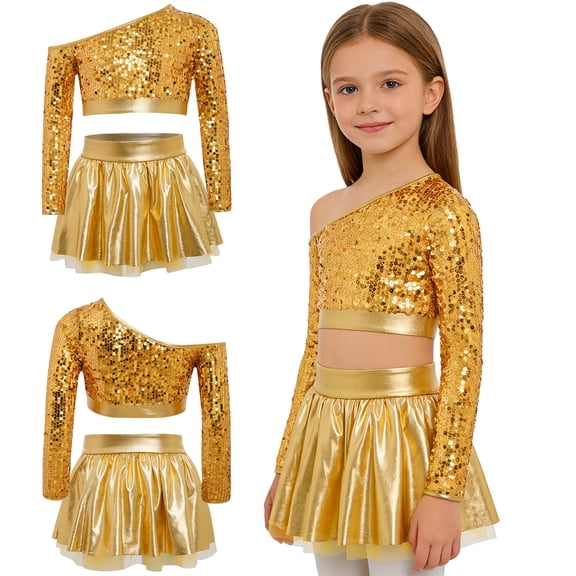 iiniim Girls Sparkly Latin Hip Hop Jazz Dance Outfit Long Sleeve Sequin Crop Top with Metallic Tutu Skirt Gold 12