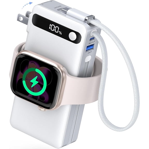 Nano , 10000mAh Portable Charger with Built-in Cables & Wall Plug, 5 Outputs 22.5W USB C Fast Charging Travel Battery Pack for iPhone 17/16/15/14, Apple Watch Ultra/11/10/9/8/7/6/SE