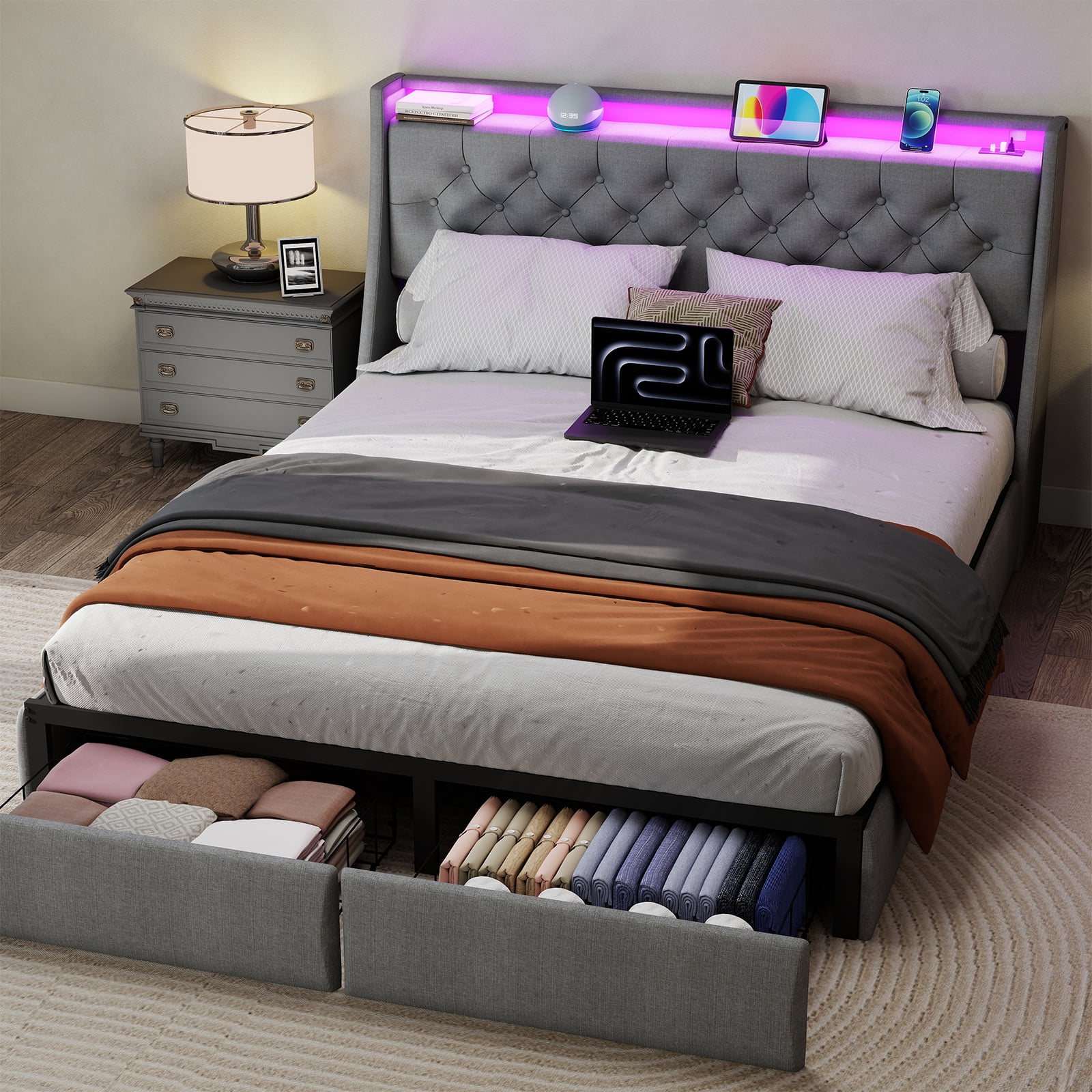 Mintazer Queen Size Tufted Upholstered Storage Bed Frame with LED Light & Charging Station, Platform Bed Frame with 2 Foot Drawers, No Box Spring Required, Grey