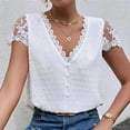 thumbnail image 3 of RQYYD Women's Swiss Dots Tops Summer Solid Color V Neck Lace Short Sleeve Button Down Shirt Casual Comfy Blouse(White,L), 3 of 8