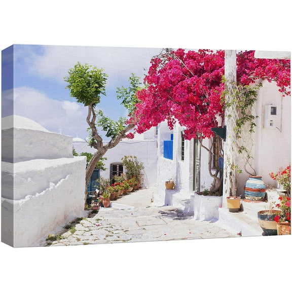 Wall26 Santorini Greece Pink Flowers Frameless Art - Canvas Print Wall Art - Nature Wilderness Photography Realism Wall Decor - Landscape Scenic Bohemian Rustic Countryside Wall Print - 16"x 24"