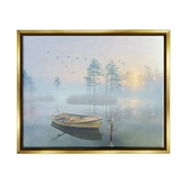 Stupell Dinghy Boat Foggy Pond Reflection Landscape Painting Gold Floater Framed Art Print Wall Art