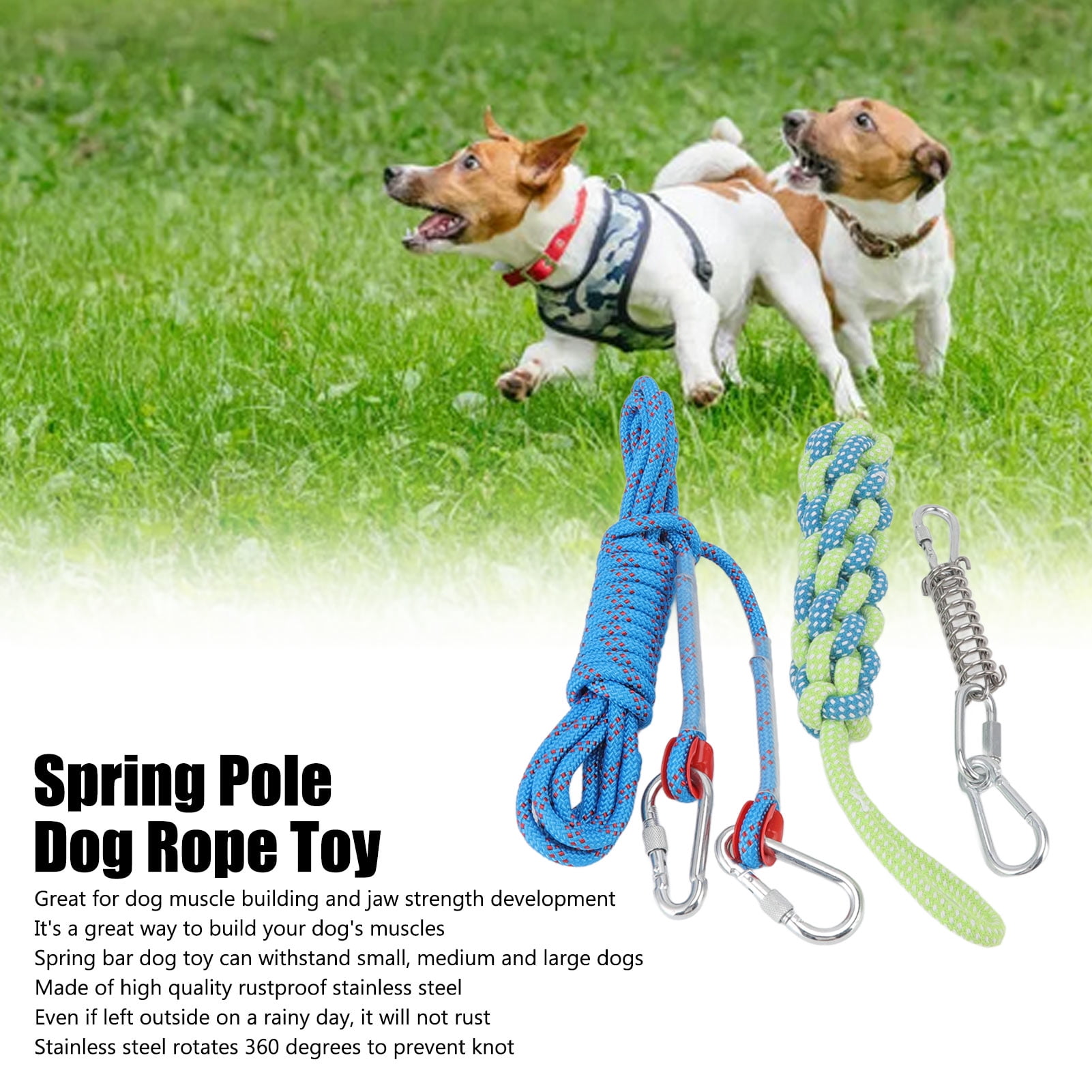 Spring Pole Dog Leash Toy Stainless Steel Spring Cotton Rope Outdoor Bungee Hanging Toy, Interactive Hanging Bungee Dog Toy Suitable for Medium And Large Dogs 5 Meters