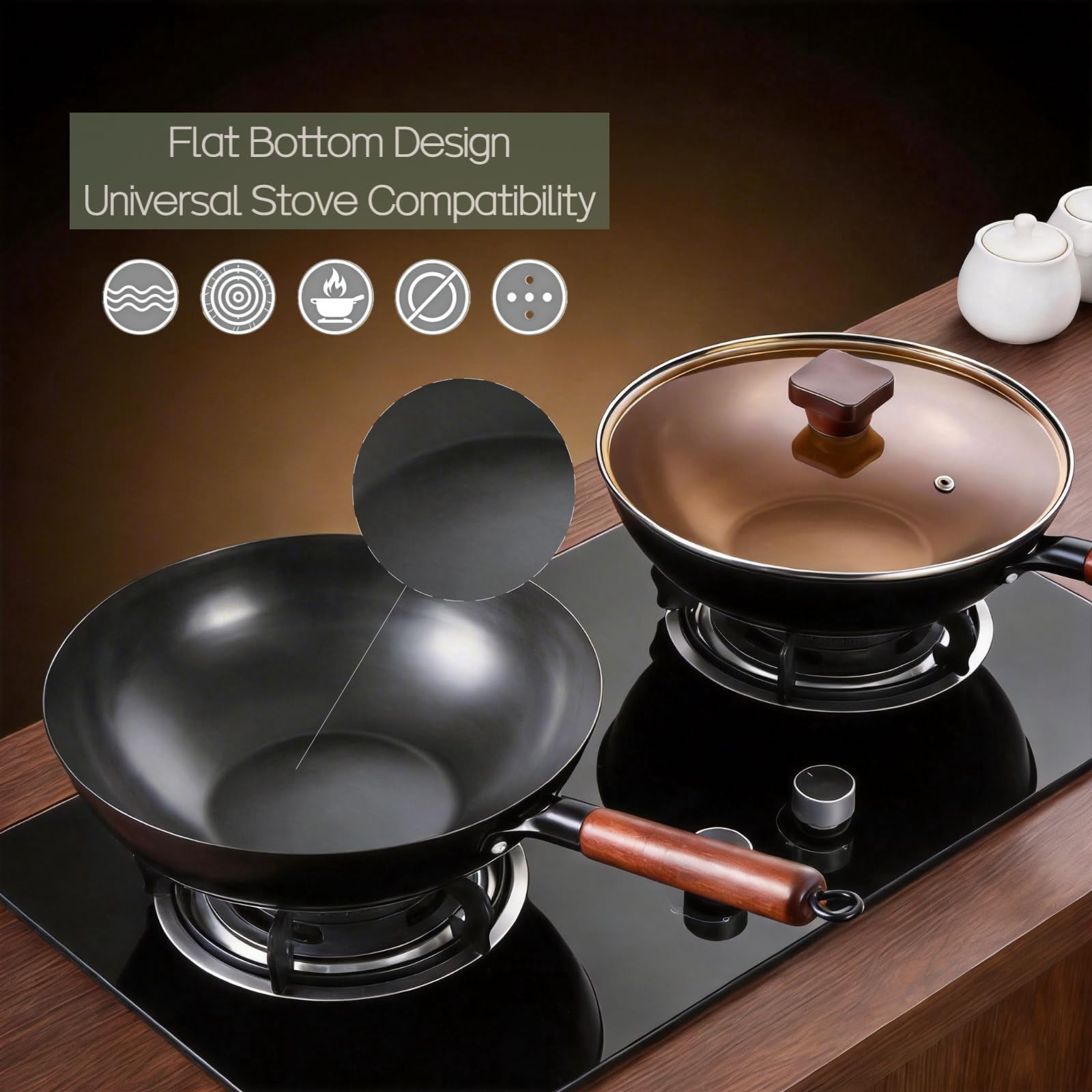 Nitrided Carbon Steel Wok  12" (30cm) Pre-seasoned - Induction Electric & Gas Stove Compatible Even Heat Base For Authentic Hei Family Stir-fry