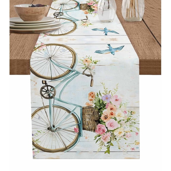 Table Runner Bicycle Pink Flowers Bird Table Decoration for Kitchen Dinning Vintage Plant Table Decoration for Indoor Outdoor Party Wedding Decor 13x90 Inch