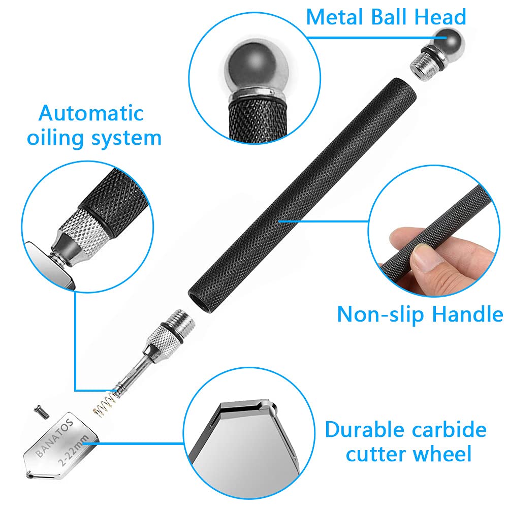 Glass Cutter Professional- Glass Cutters Tool for Thick Glass Tile Mirror Mosaic Cutting in The Range 2-22mm, Tile Cutter Glass Cutter with Replaceable 3 Carbide Cutting Heads