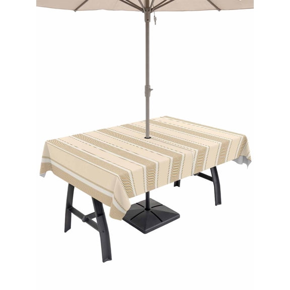 Outdoor Tablecloth with Umbrella Hole and Zipper, Brown Stripe Rectangle Table Cloth 60x84 Inch Waterproof Tablecloth, Modern Farmhouse Texture Geometric Picnic Table Cover for Patio Camping