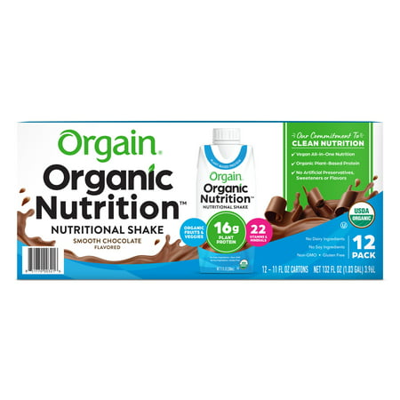 Orgain Organic Vegan Plant Based Nutritional Shake, Smooth Chocolate, 16g Protein, 12ct