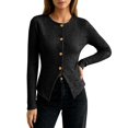 thumbnail image 3 of Women's Round Neck Slim Fitted Button Up Long Sleeve Ribbed Knit Cardigan Sweater Jacket, Lightweight Soft Skin-Friendly Business Casual Work Layering for Fall Winter Daily Black, 3 of 5