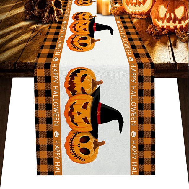 Halloween Table Runner, Pumpkin Orange Plaid Rustic Table Runner for Holiday Birthday Party Kitchen Dining Table Home Decor,