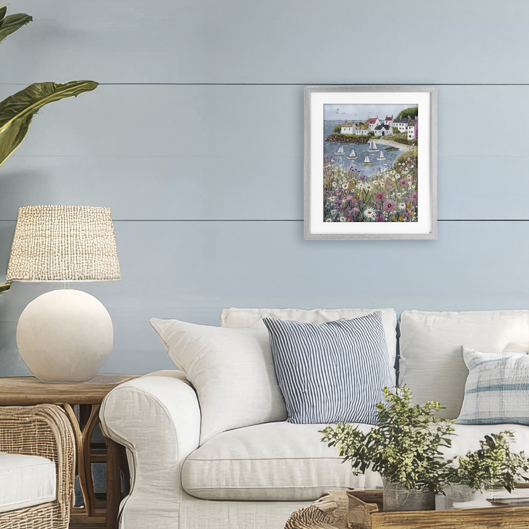 Stupell Industries Seaside Sailboats in Village Bay Gray Framed Print Under Glass, design by Riley B