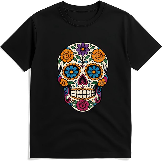 playera día de muertos para hombre – calavera mexicana, diseño gótico y elegante camiseta negra de algodón con cuello redondo y manga corta, vista frontal centrada con calavera de azúcar grande y colorida decorada con flores naranjas, azules y moradas y motivos ornamentales; versátil para uso diario y adecuada también para eventos temáticos.