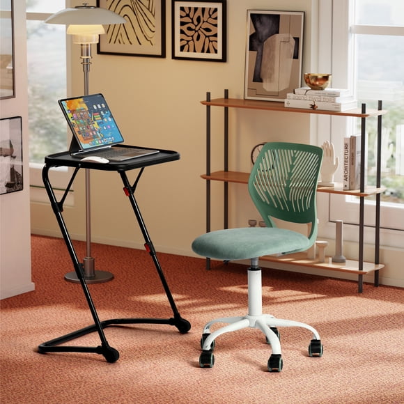 Homy Casa Kids Folding Study Desk and Ergonomic Swivel Chair Set, Adjustable Seat Height, Game Table with Soft PVC Top