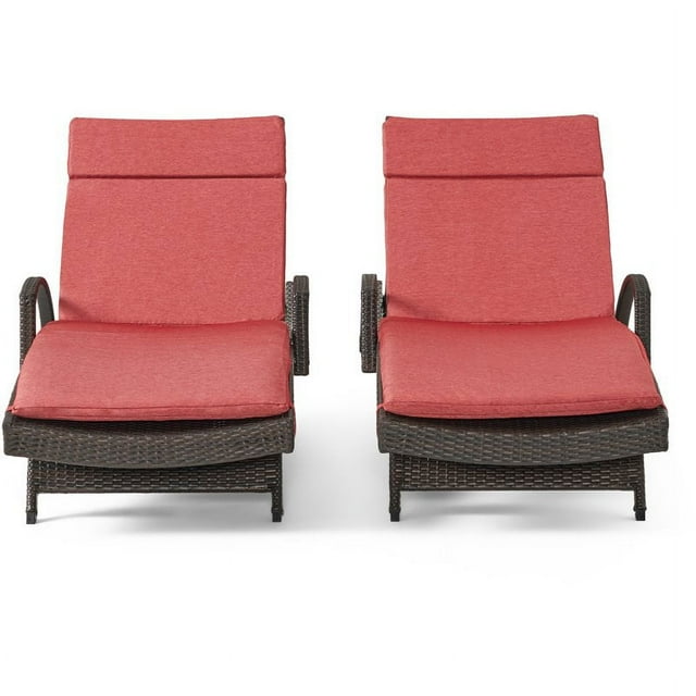 Noble House Salem Chaise Longue Extérieure en Osier Réglable avec Coussin Rouge (Ensemble de 2)