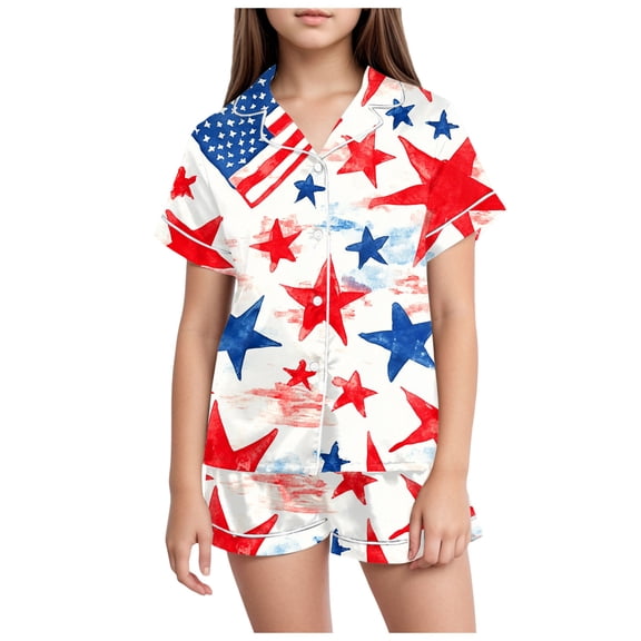 WUANDIXFA Toddler Baby Girl Boy 4th of July Outfits Pajamas Set Fourth of july American Flag Button Tops Shorts Sleepwear (White, 8-9 Years)