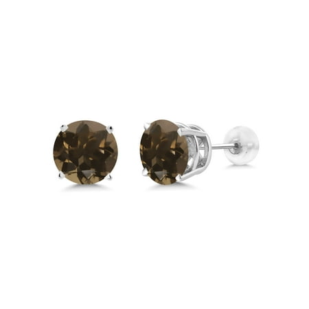 14k Gold Smokey Quartz Earrings - 3.60 Ct Round 8mm Brown Smoky Quartz 14K White Gold Stud Earrings