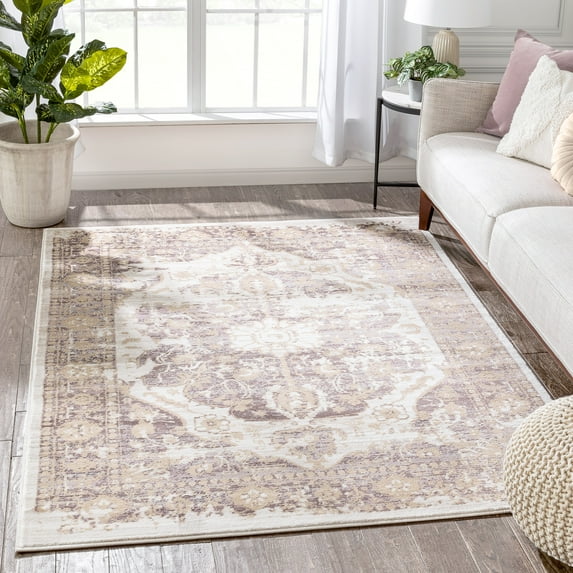 Well Woven Millie Tribal Lavender Medallion Area Rug 8x11 (7'10" x 10'6") Purple Beige Modern Distressed Oriental Plush Super Soft Carpet