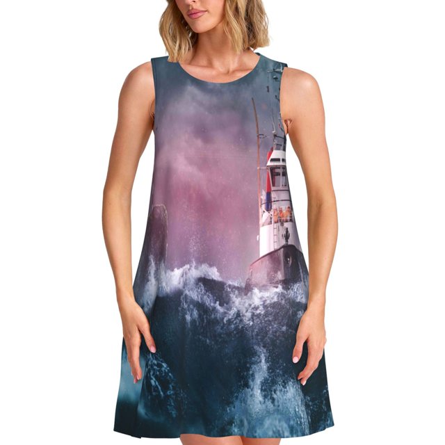 Fotbe Boat Lighthouse Storm Waves Vestido de Verano sin Mangas para Mujer – Vestido Midi Línea A, Estilo Camiseta Floral, Vestido Playero Casual y Fluido