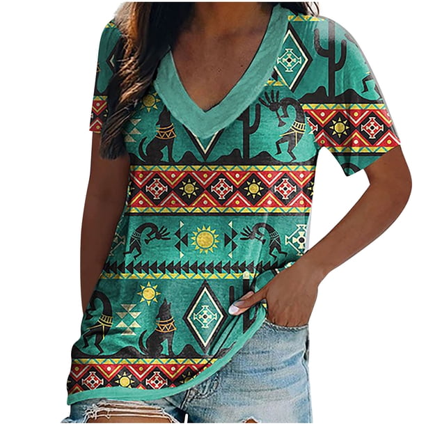 Blusa de manga corta con cuello en V para mujer a la moda, blusa holgada con estampado Retro étnico Fridja bn7165